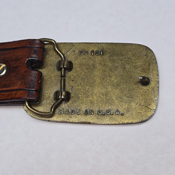 Vintage Tooled Leather & Brass Guitar Belt and Belt Buckle Made In U.S.A. - Picture 4 of 12